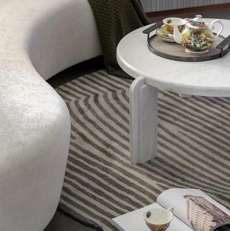 Tapis rond blanc et noir à rayures courbes, velours 10 mm