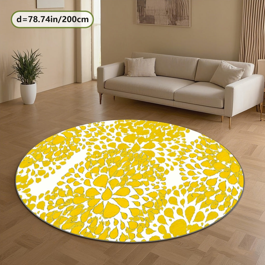 Tapis rond blanc cassé à corolles jaunes, base plastifiée