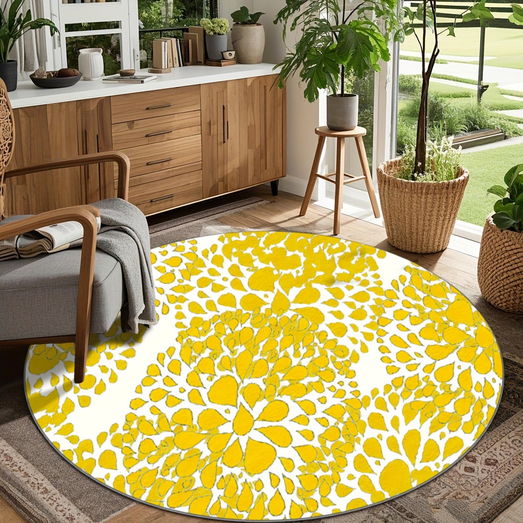 Tapis rond blanc cassé à corolles jaunes, base plastifiée