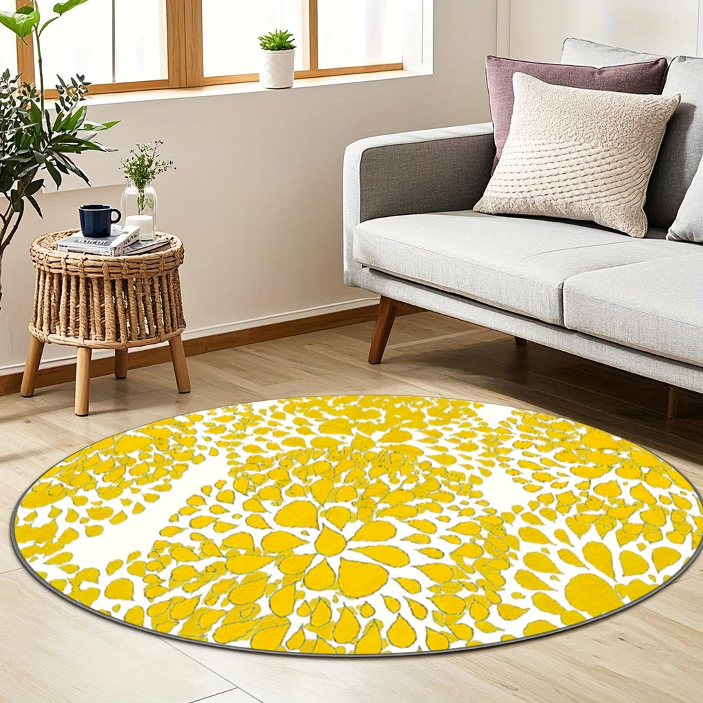 Tapis rond blanc cassé à corolles jaunes, base plastifiée