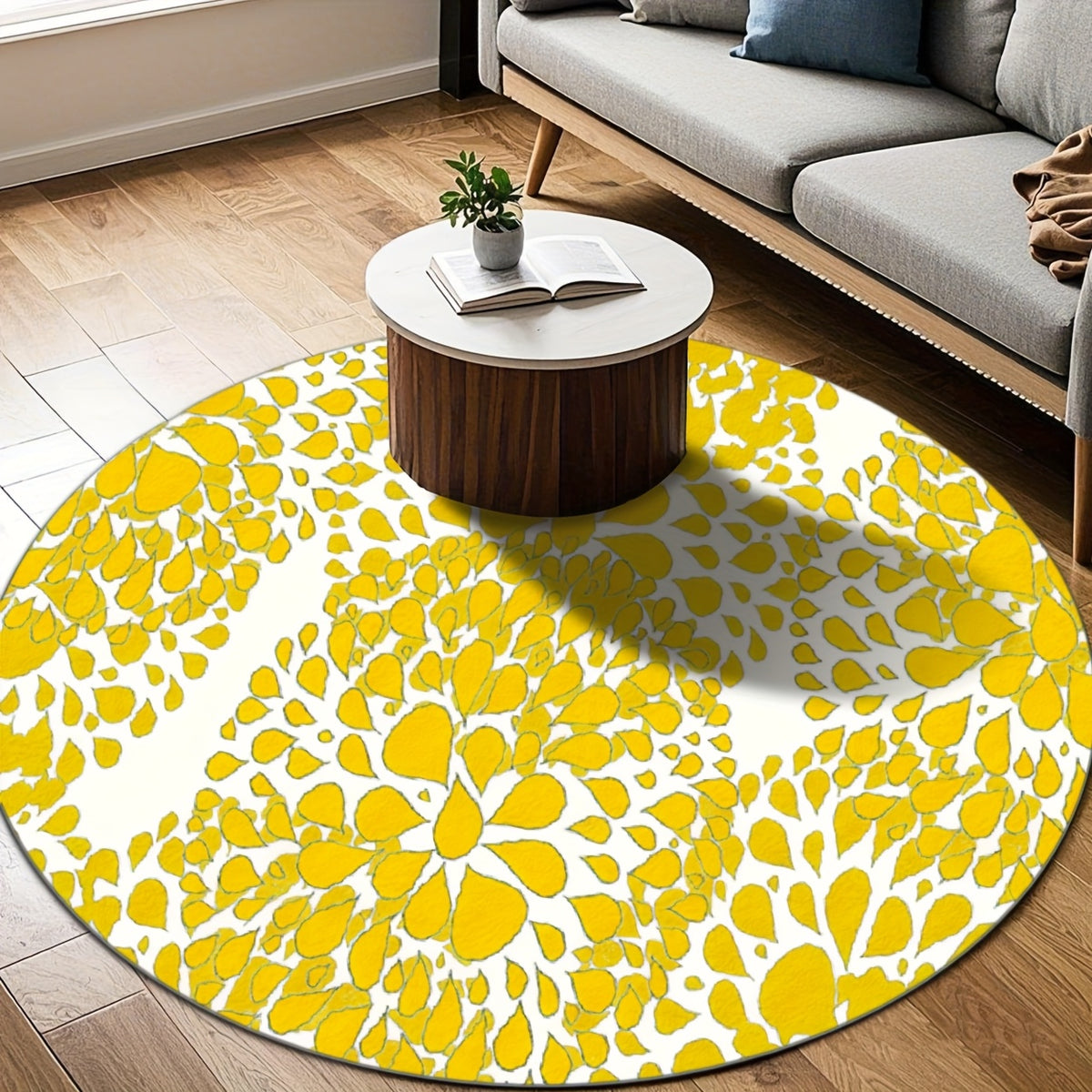 Tapis rond blanc cassé à corolles jaunes, base plastifiée