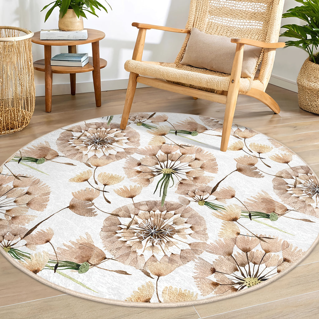 Tapis rond blanc à pissenlits aquarelle, bords surfilés