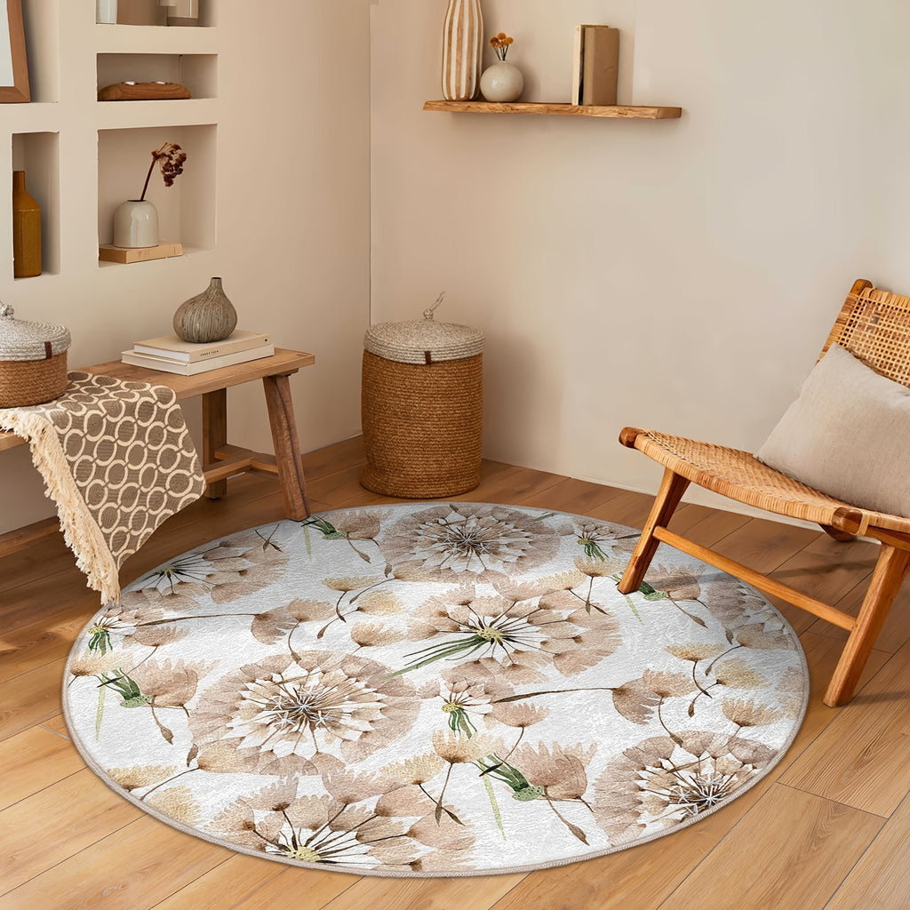 Tapis rond blanc à pissenlits aquarelle, bords surfilés