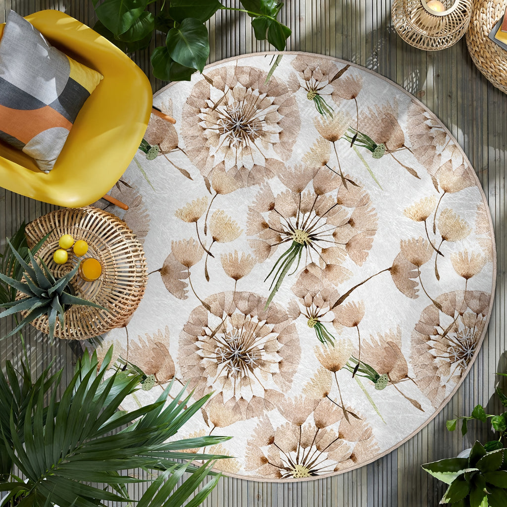 Tapis rond blanc à pissenlits aquarelle, bords surfilés
