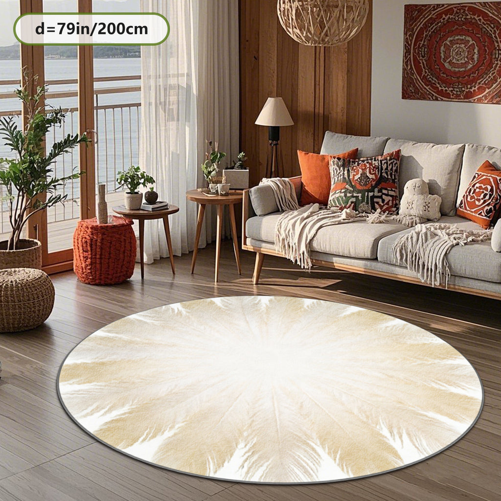 Tapis rond blanc cassé à plumes dorées, motif radial imprimé