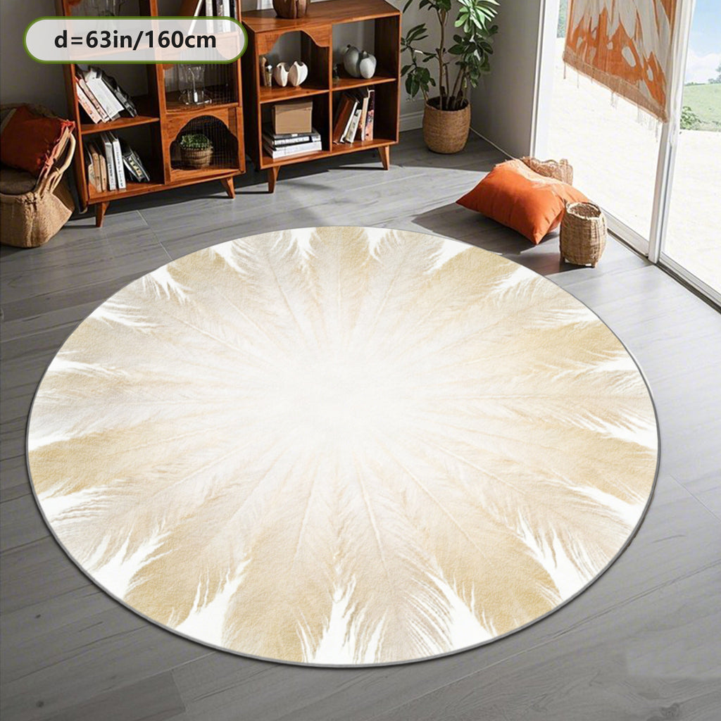 Tapis rond blanc cassé à plumes dorées, motif radial imprimé