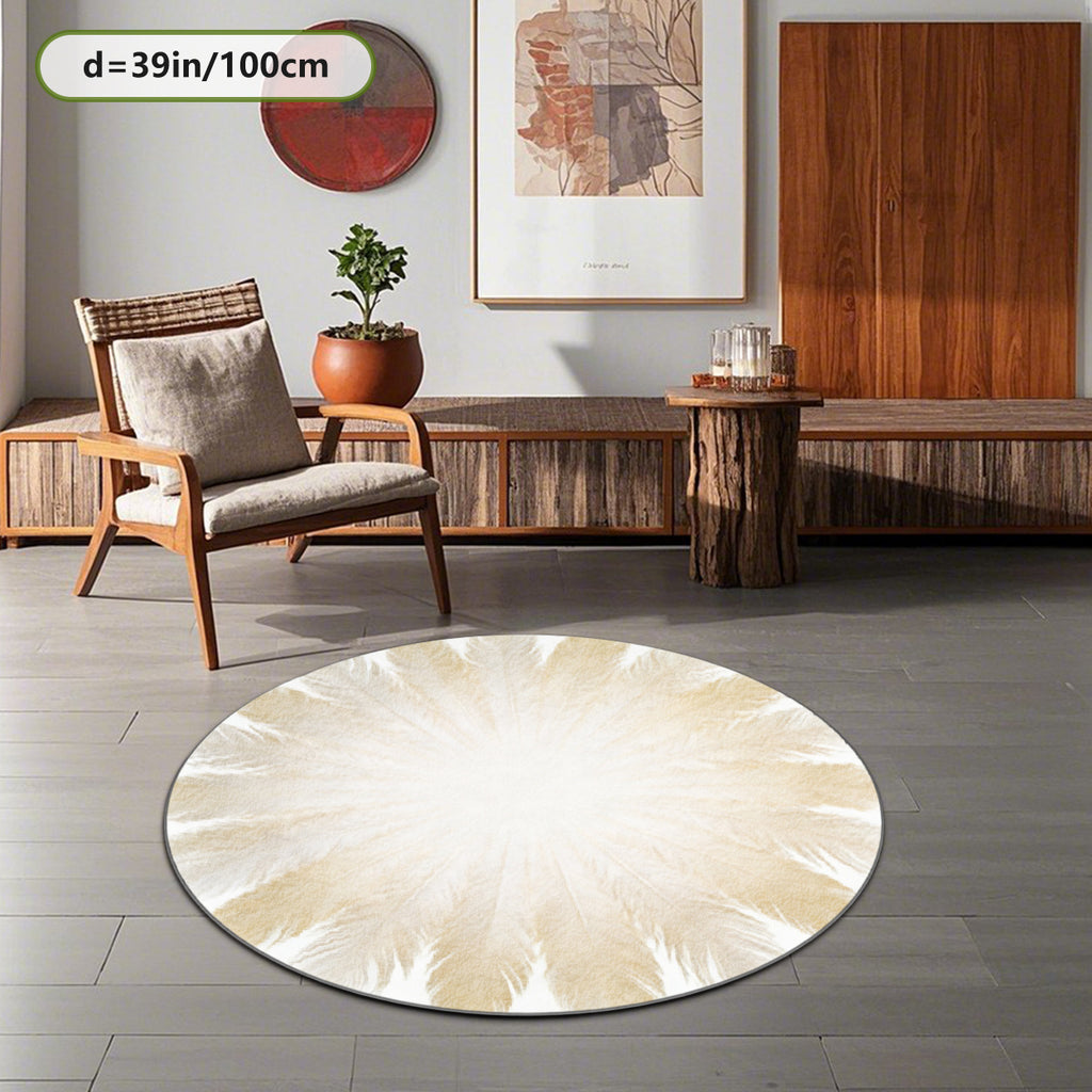 Tapis rond blanc cassé à plumes dorées, motif radial imprimé