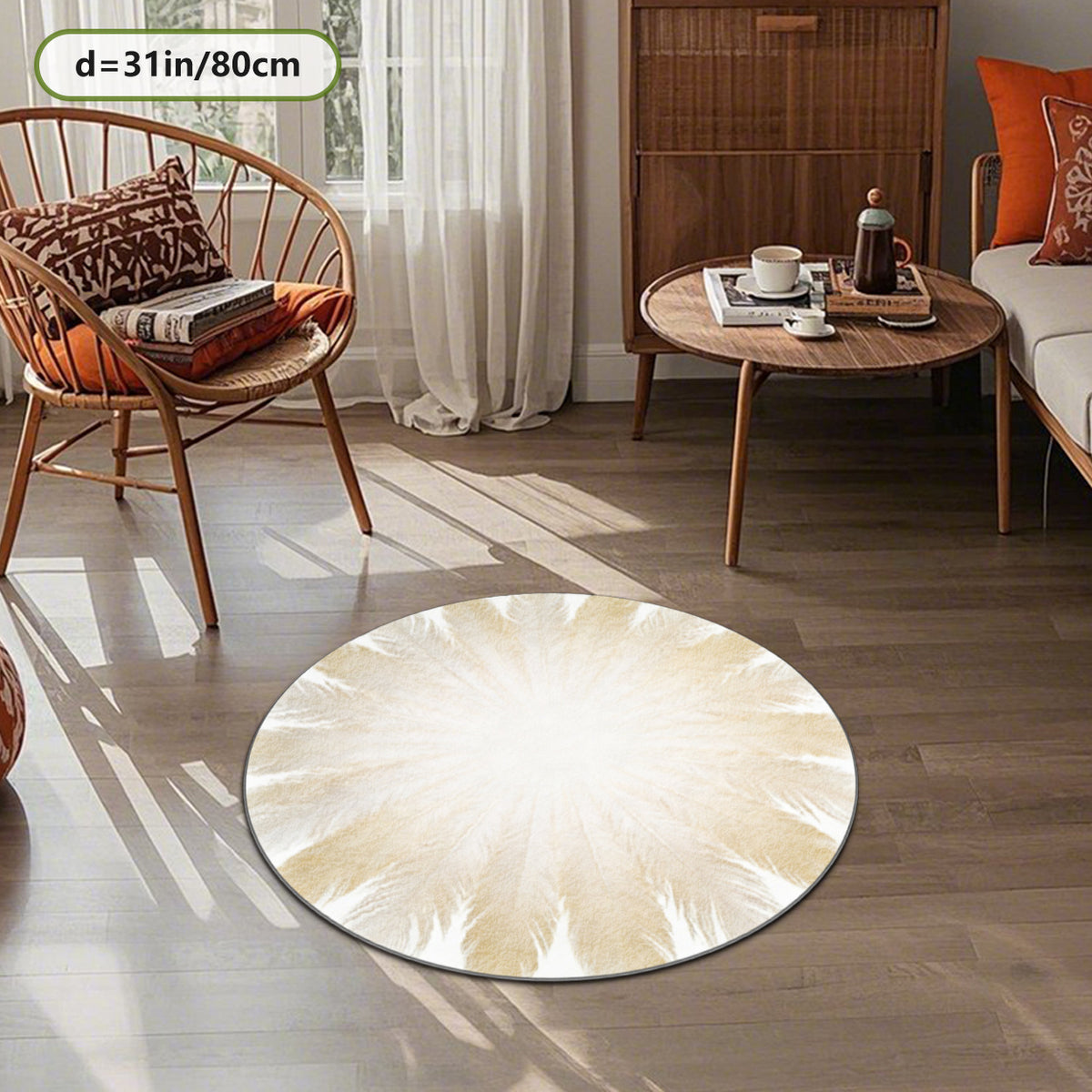 Tapis rond blanc cassé à plumes dorées, motif radial imprimé