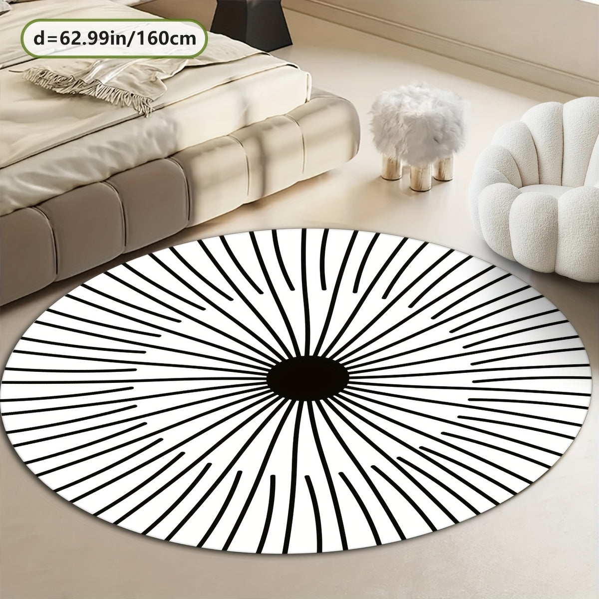 Tapis rond blanc à rayons noirs, effet optique Ø 200 cm