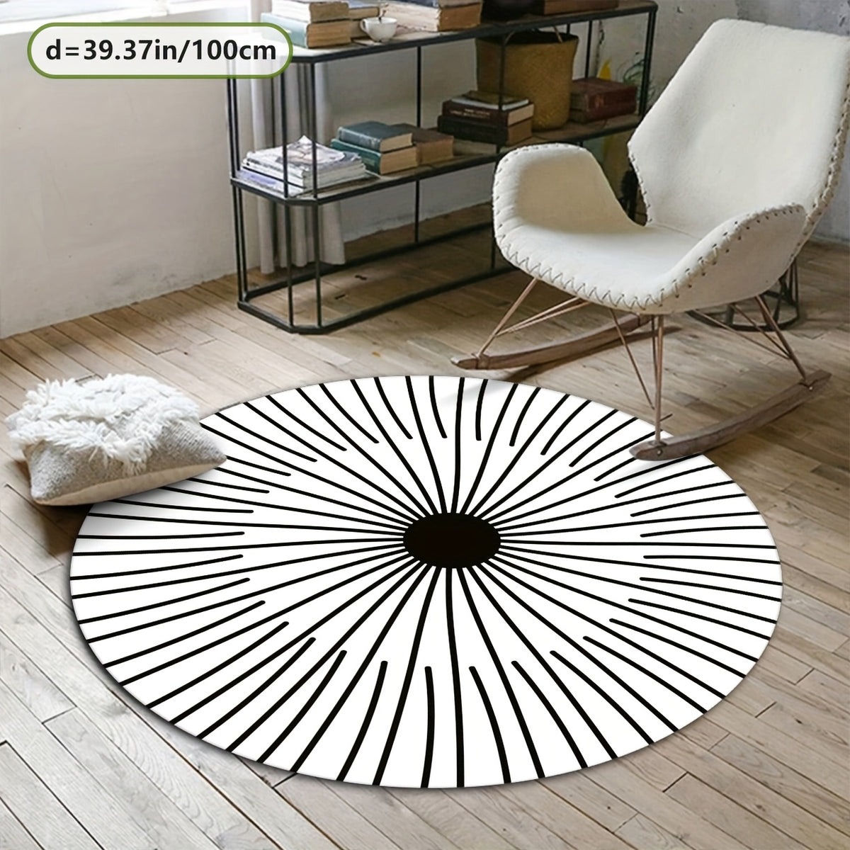 Tapis rond blanc à rayons noirs, effet optique Ø 200 cm