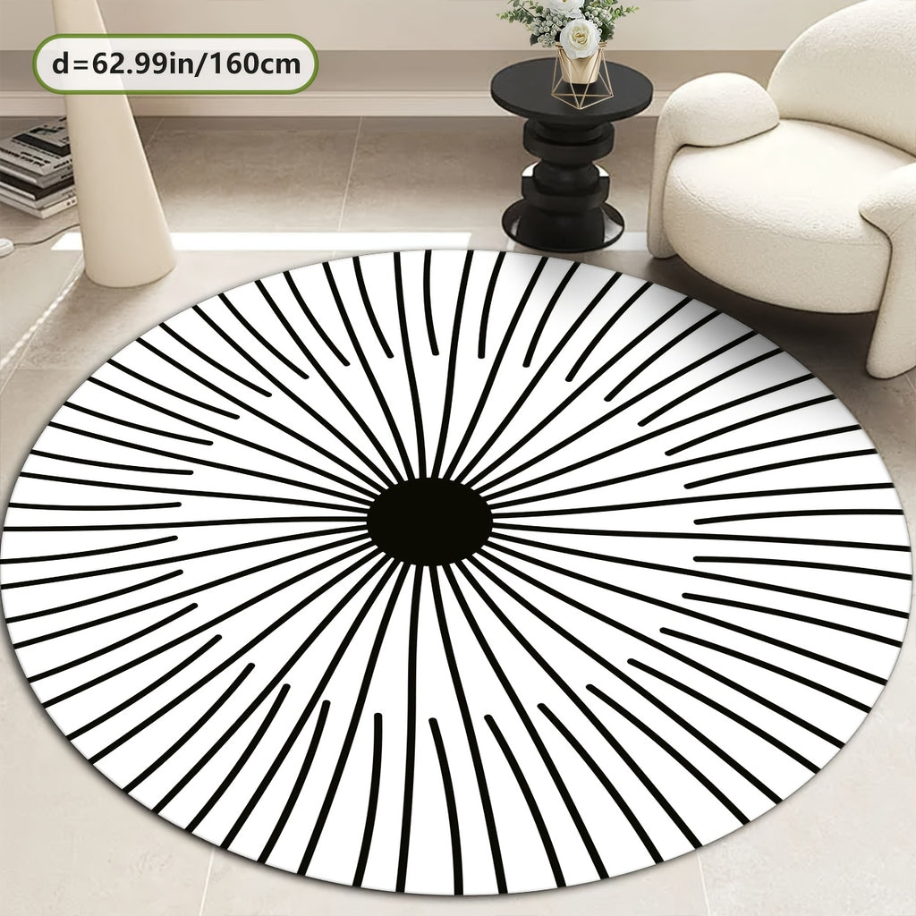 Tapis rond blanc à rayons noirs, effet optique Ø 200 cm