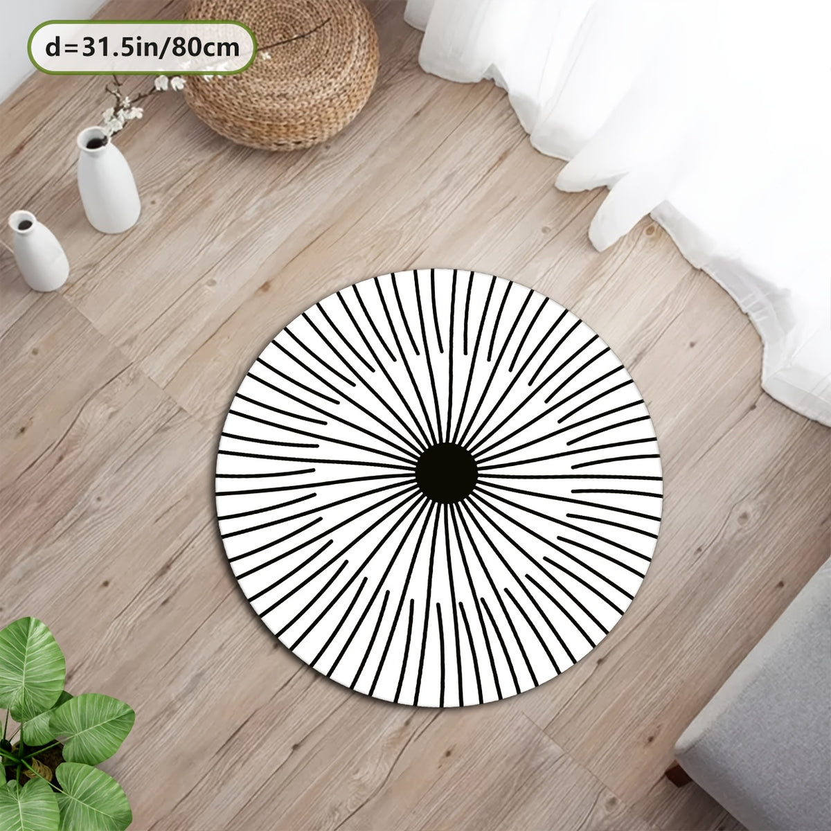 Tapis rond blanc à rayons noirs, effet optique Ø 200 cm