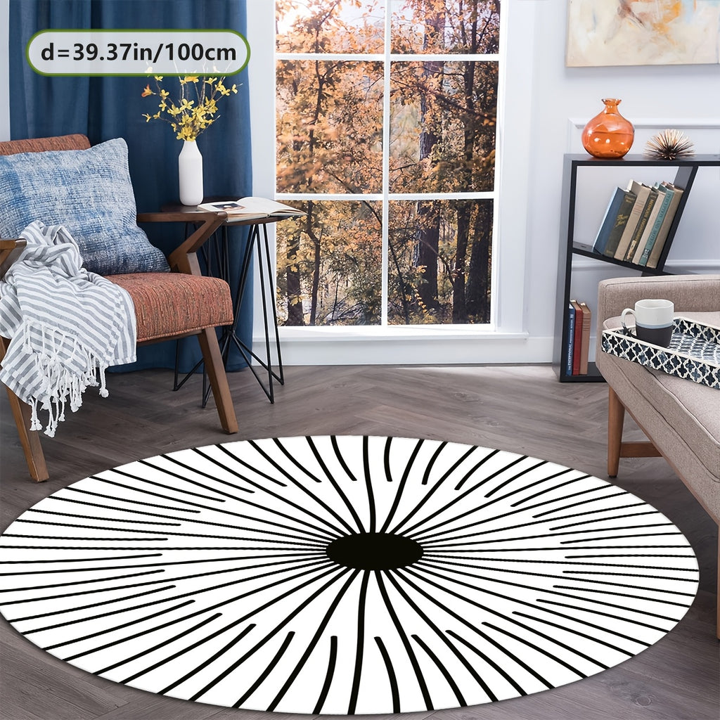 Tapis rond blanc à rayons noirs, effet optique Ø 200 cm