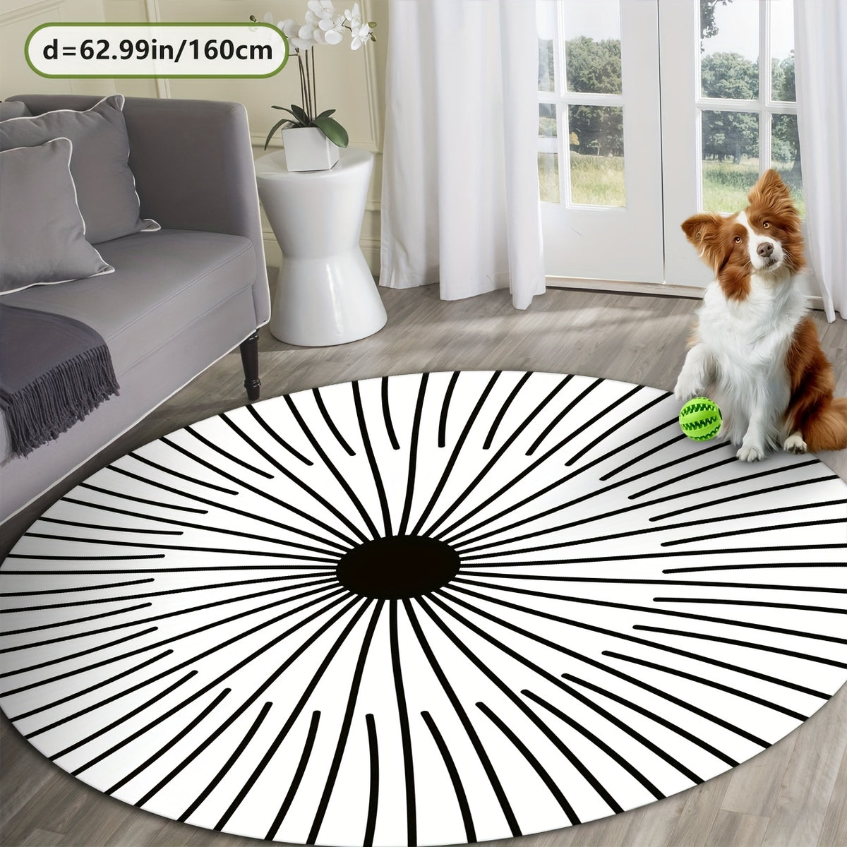 Tapis rond blanc à rayons noirs, effet optique Ø 200 cm