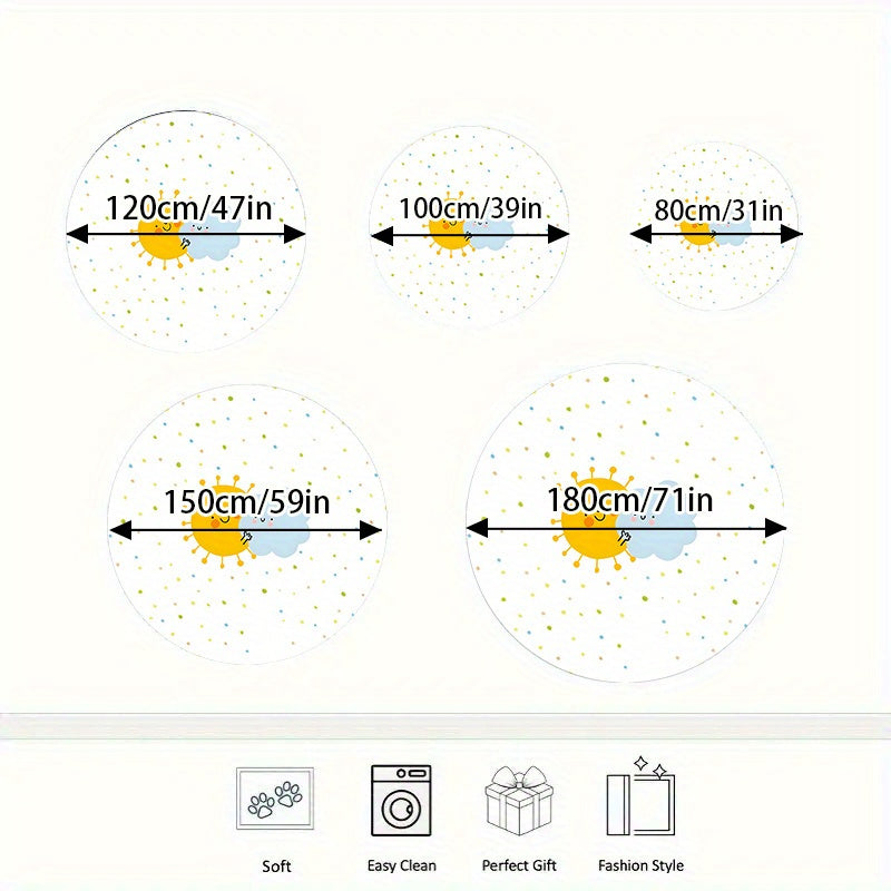 Tapis rond blanc à soleil et nuage, semé de confettis colorés
