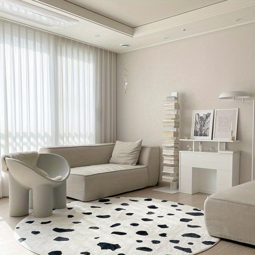 Tapis rond blanc à taches de vache noires, deux diamètres
