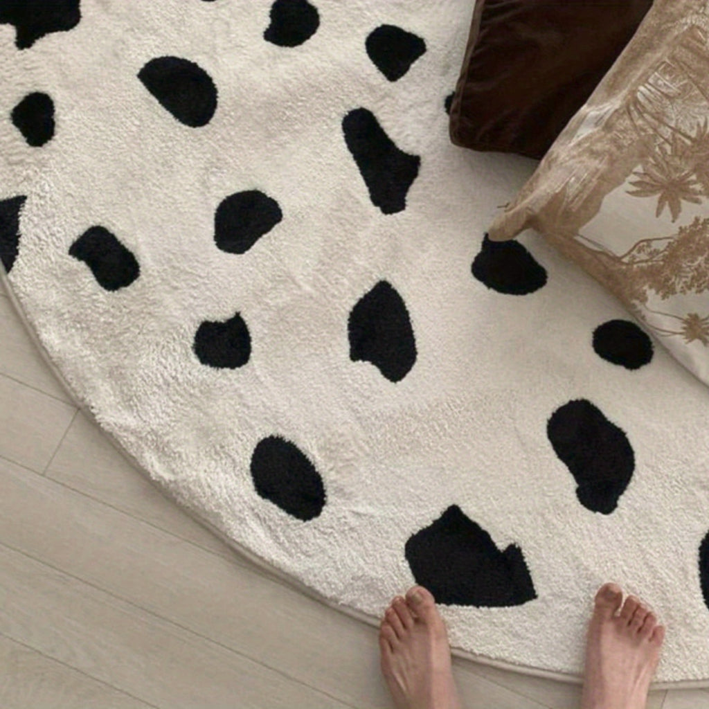 Tapis rond blanc à taches de vache noires, deux diamètres