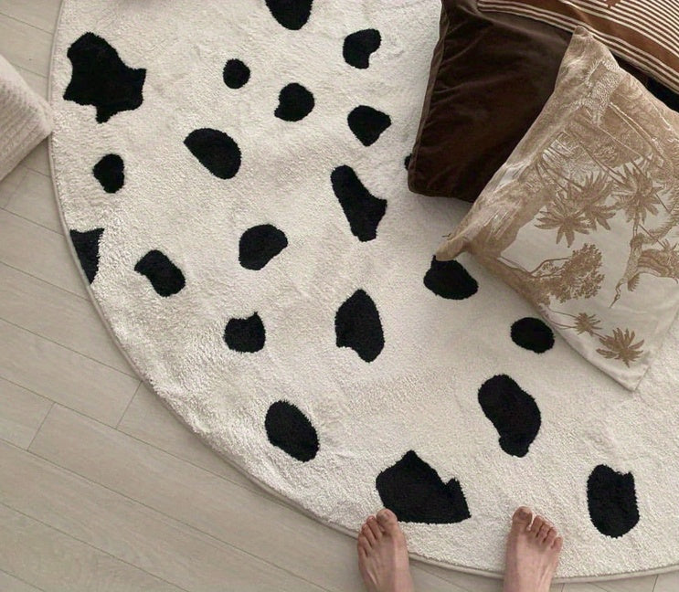 Tapis rond blanc à taches de vache noires, deux diamètres