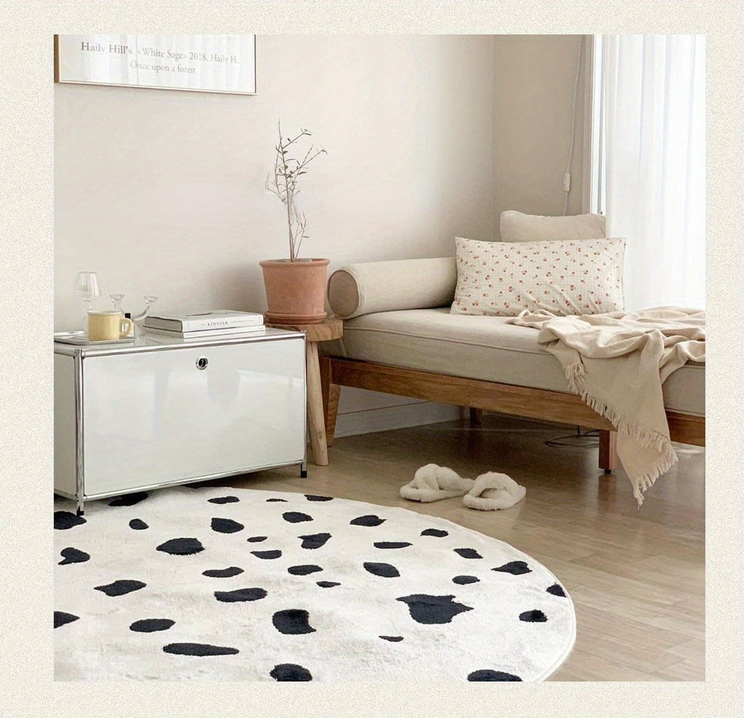 Tapis rond blanc à taches de vache noires, deux diamètres