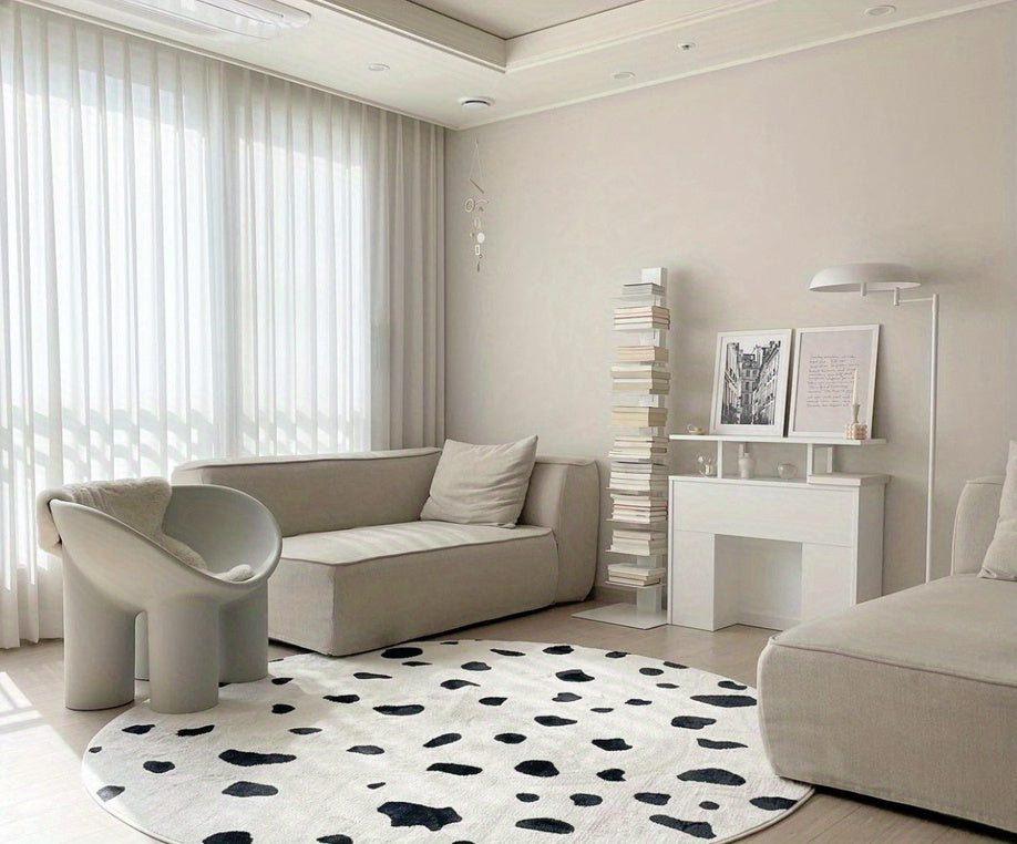 Tapis rond blanc à taches de vache noires, deux diamètres
