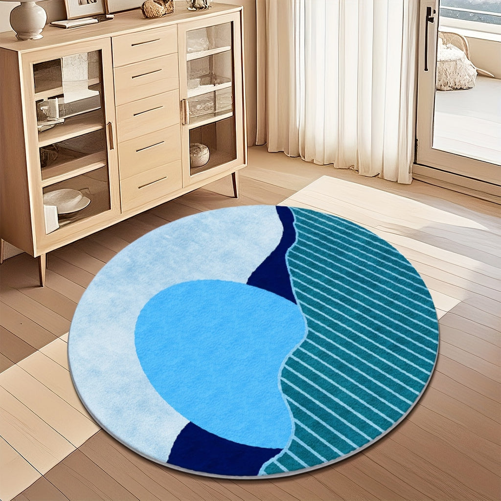 Tapis rond bleu Ø 200 cm, aplats francs et rayures fines