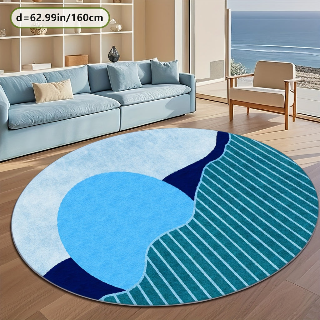 Tapis rond bleu Ø 200 cm, aplats francs et rayures fines