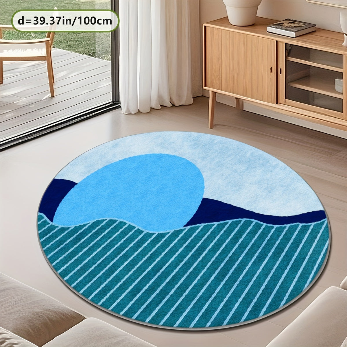 Tapis rond bleu Ø 200 cm, aplats francs et rayures fines