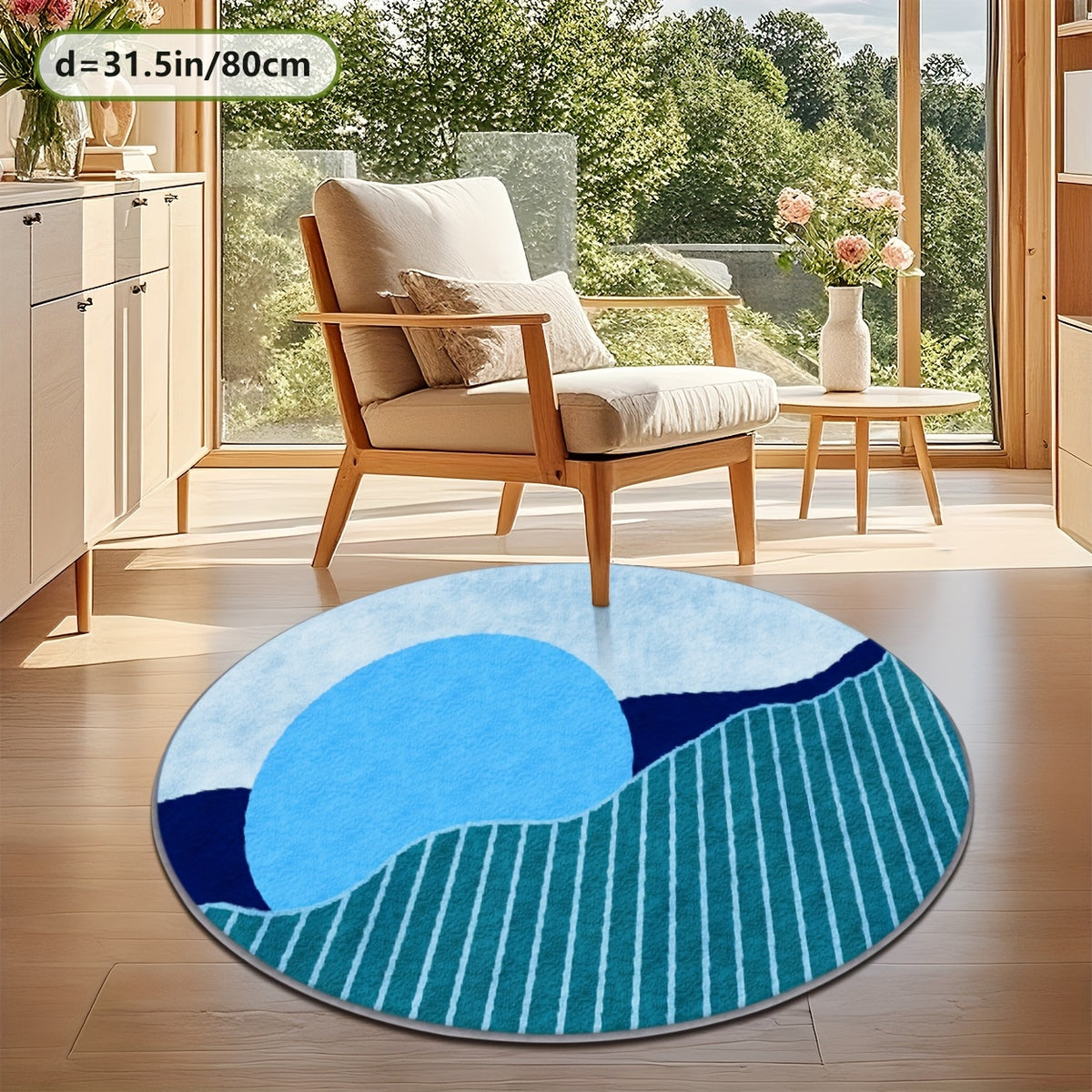 Tapis rond bleu Ø 200 cm, aplats francs et rayures fines
