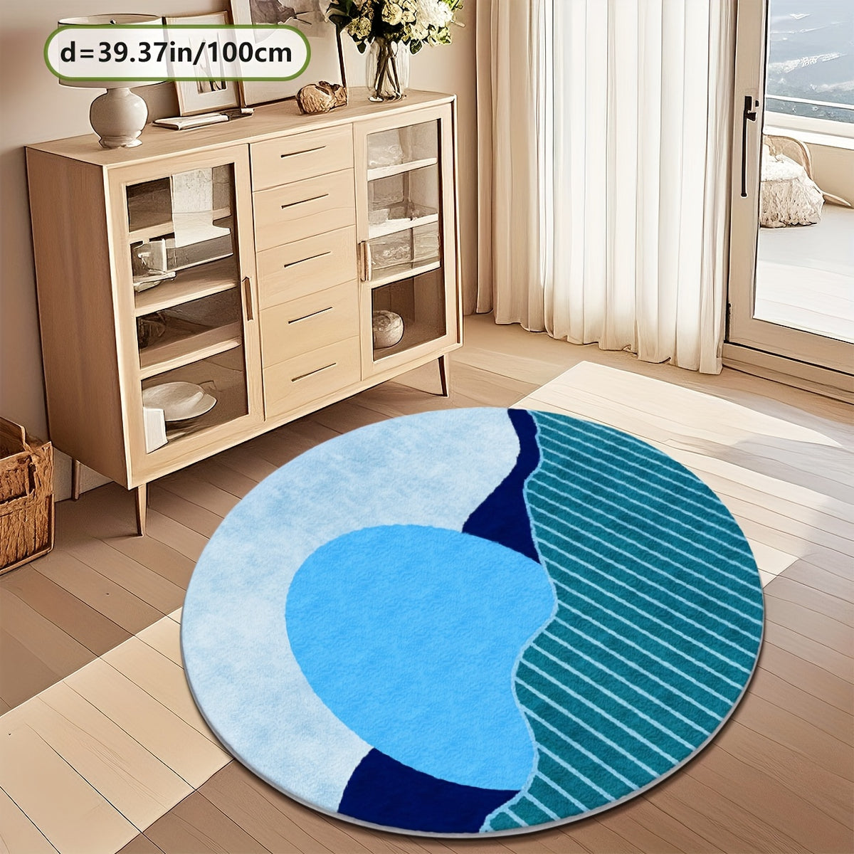 Tapis rond bleu Ø 200 cm, aplats francs et rayures fines