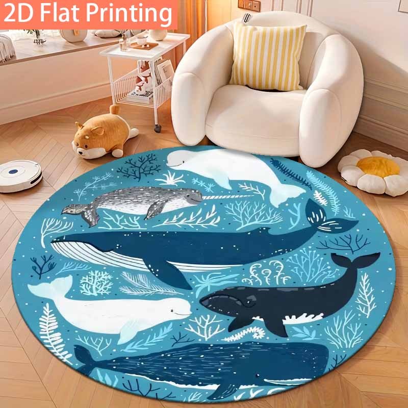 Tapis rond bleu océan, baleines et narvals, Ø 160 et 200 cm