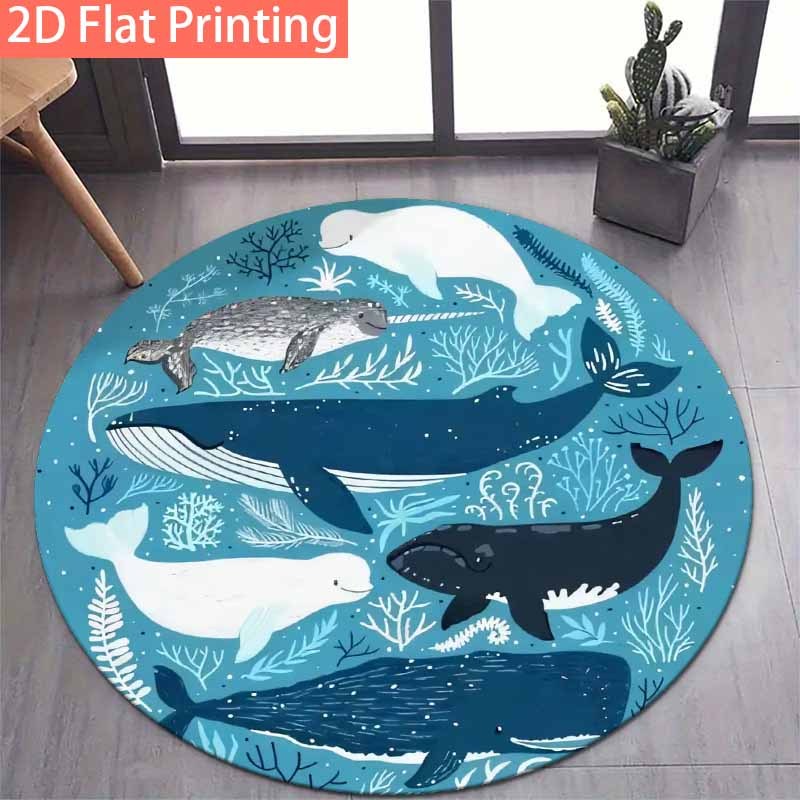 Tapis rond bleu océan, baleines et narvals, Ø 160 et 200 cm