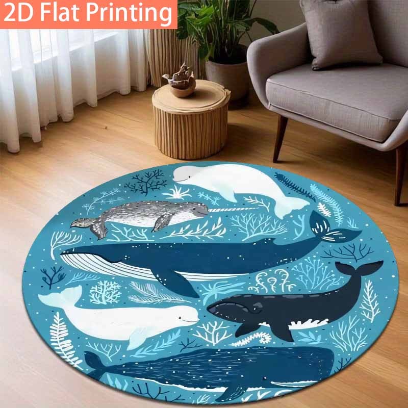 Tapis rond bleu océan, baleines et narvals, Ø 160 et 200 cm