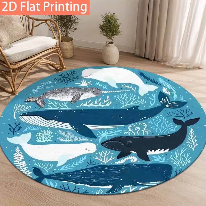Tapis rond bleu océan, baleines et narvals, Ø 160 et 200 cm