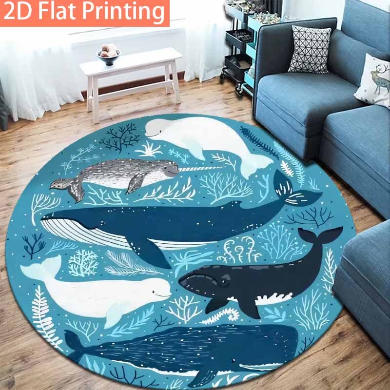 Tapis rond bleu océan, baleines et narvals, Ø 160 et 200 cm