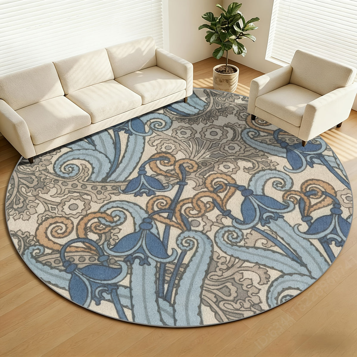Tapis rond bleu et beige, arabesques vintage, Ø 120 et 160 cm