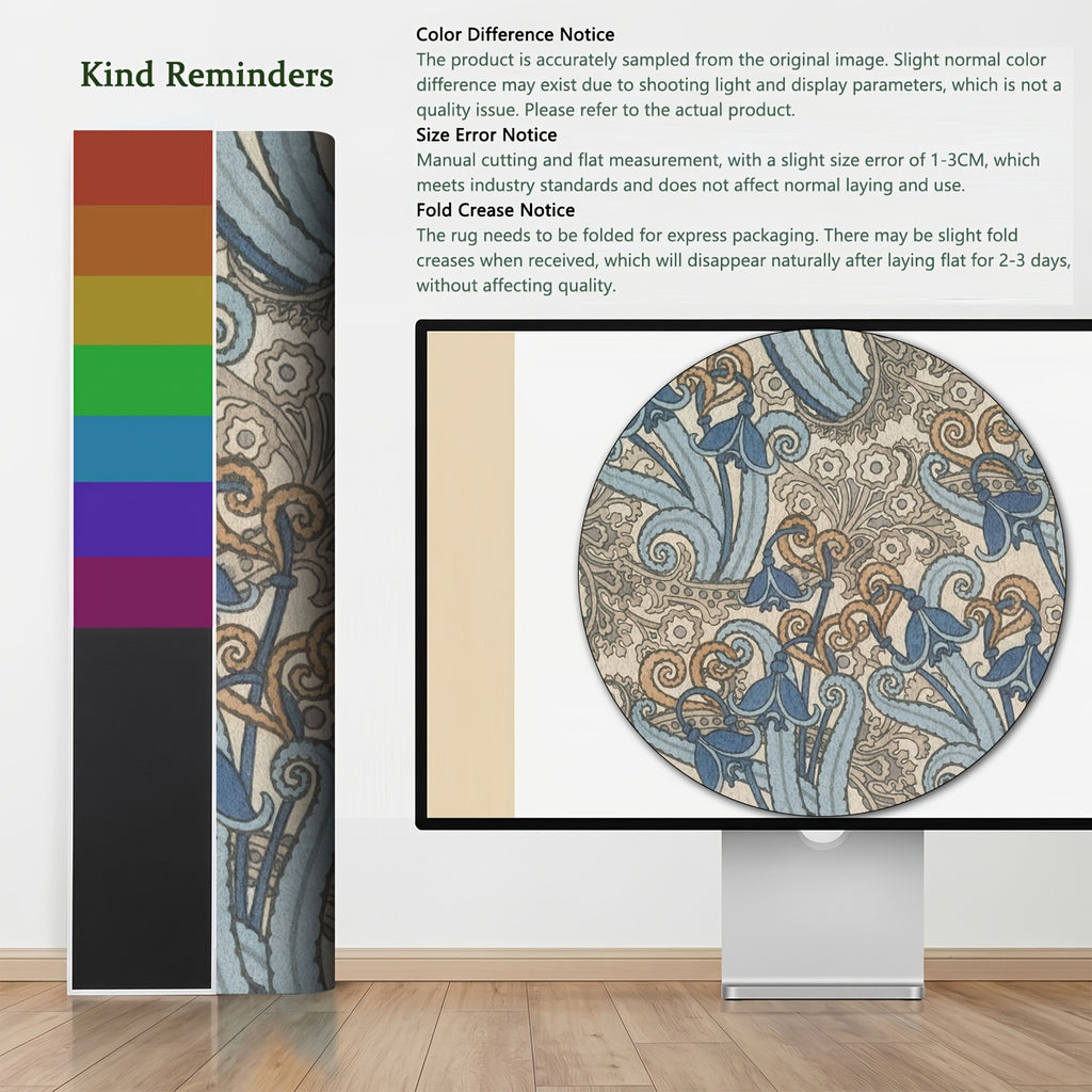 Tapis rond bleu et beige, arabesques vintage, Ø 120 et 160 cm