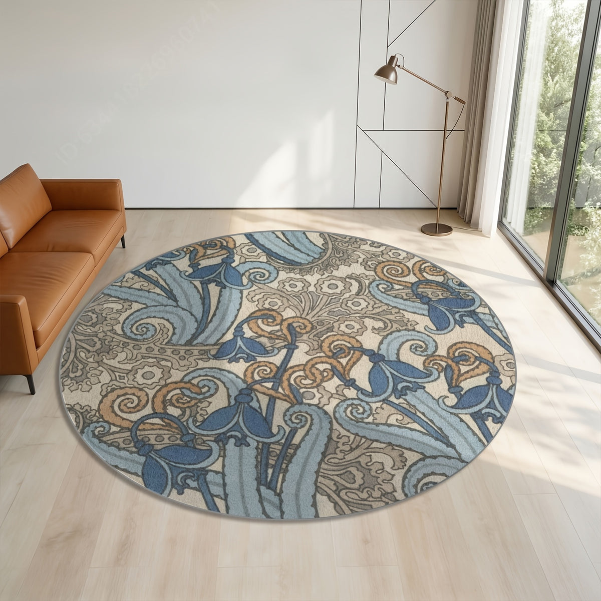 Tapis rond bleu et beige, arabesques vintage, Ø 120 et 160 cm