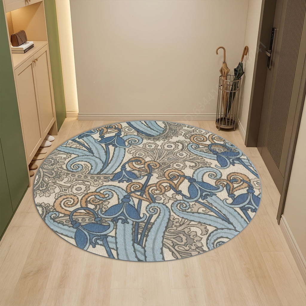 Tapis rond bleu et beige, arabesques vintage, Ø 120 et 160 cm