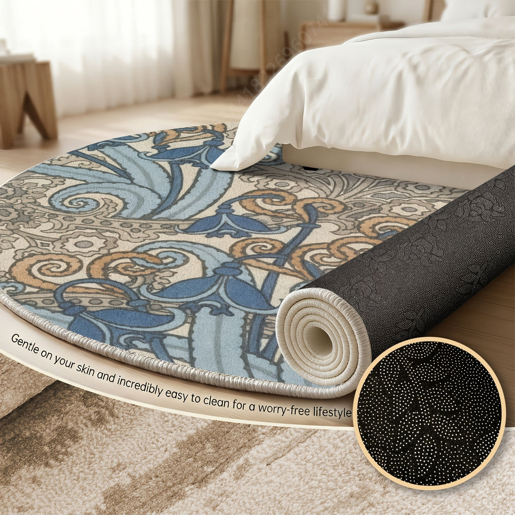 Tapis rond bleu et beige, arabesques vintage, Ø 120 et 160 cm