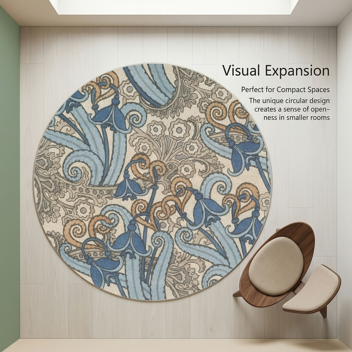 Tapis rond bleu et beige, arabesques vintage, Ø 120 et 160 cm