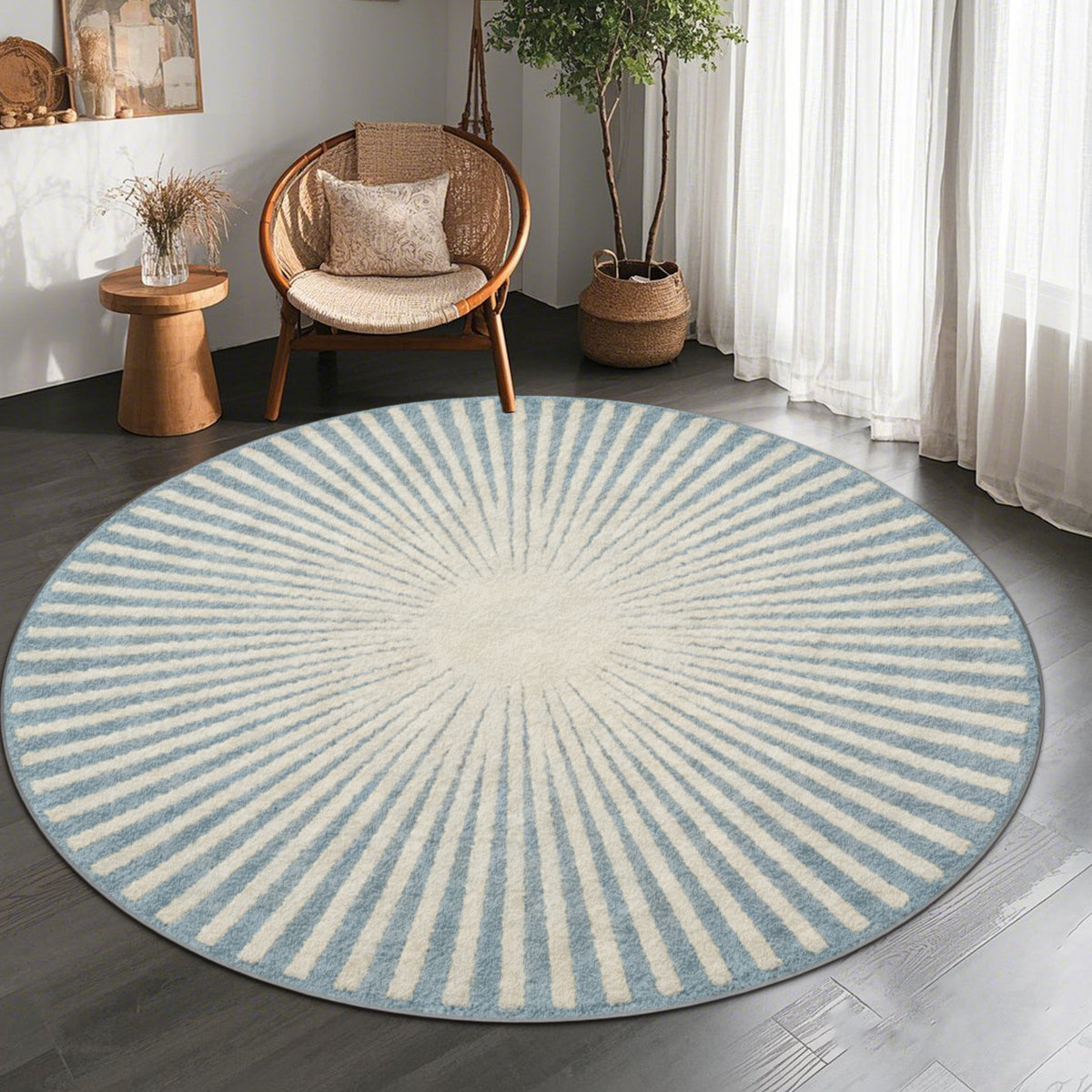 Tapis rond bleu ciel et crème à rayons, quatre diamètres