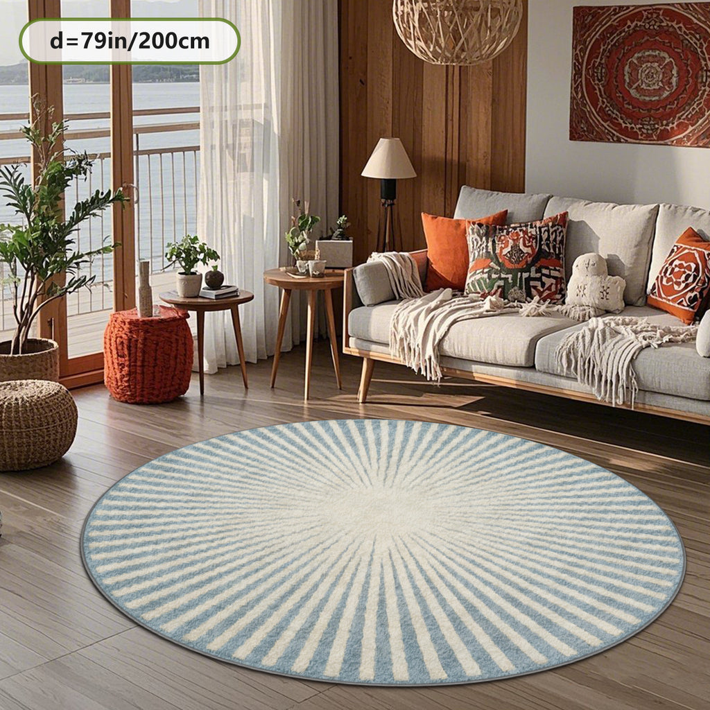 Tapis rond bleu ciel et crème à rayons, quatre diamètres