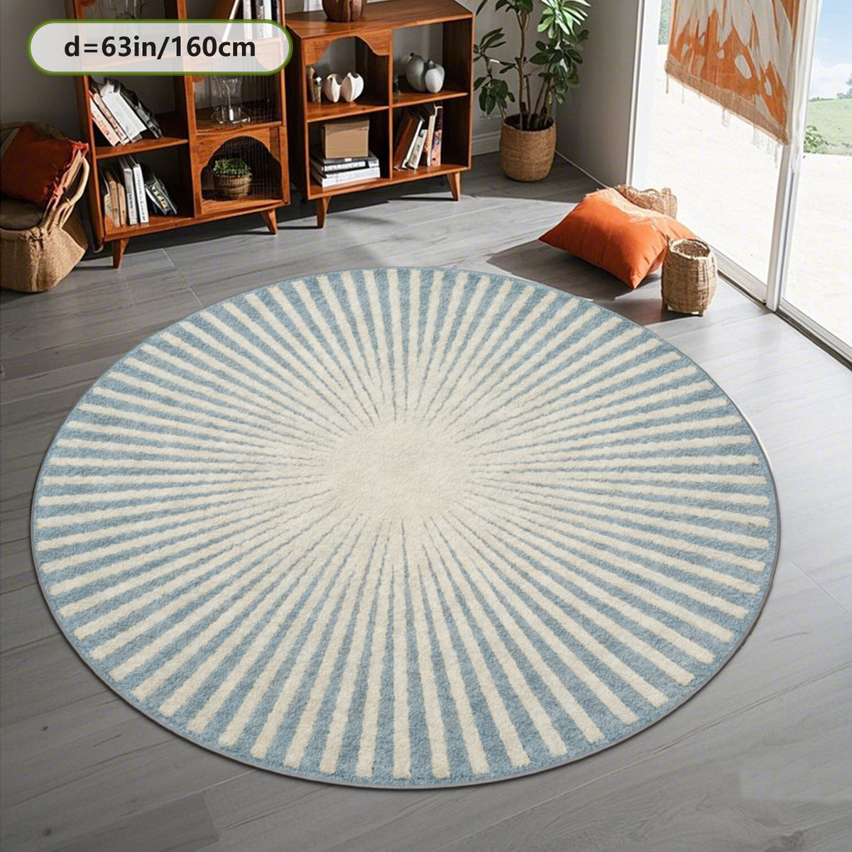 Tapis rond bleu ciel et crème à rayons, quatre diamètres