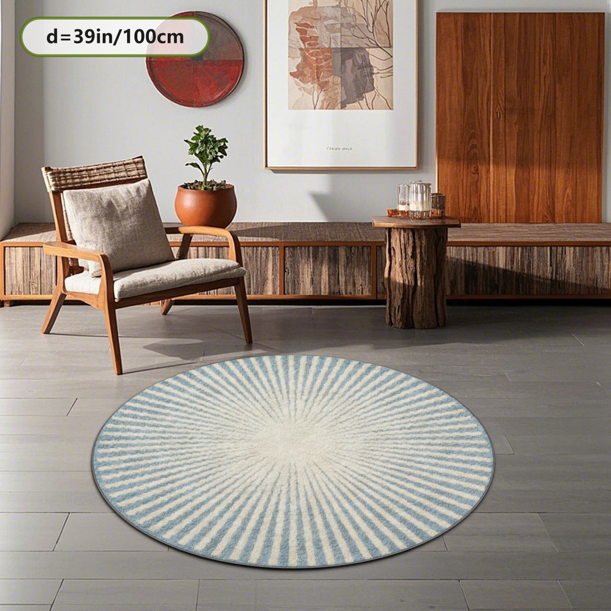 Tapis rond bleu ciel et crème à rayons, quatre diamètres
