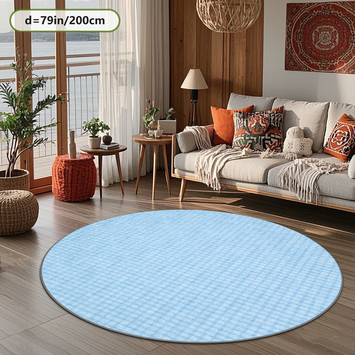 Tapis rond bleu clair à carreaux imprimés, Ø 160 ou 200 cm