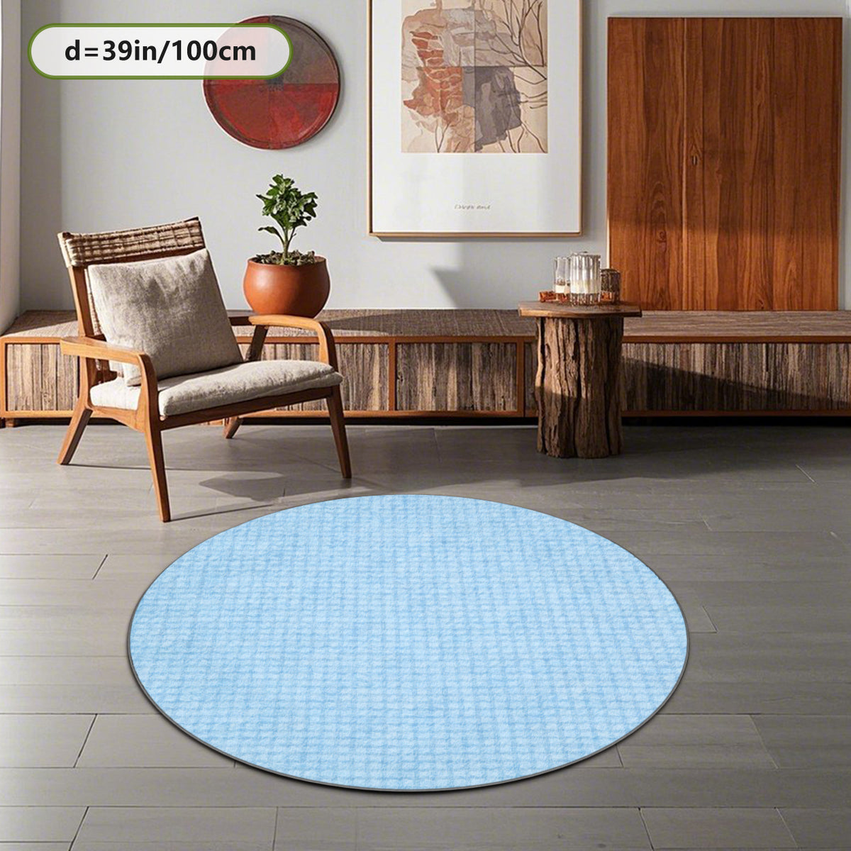 Tapis rond bleu clair à carreaux imprimés, Ø 160 ou 200 cm