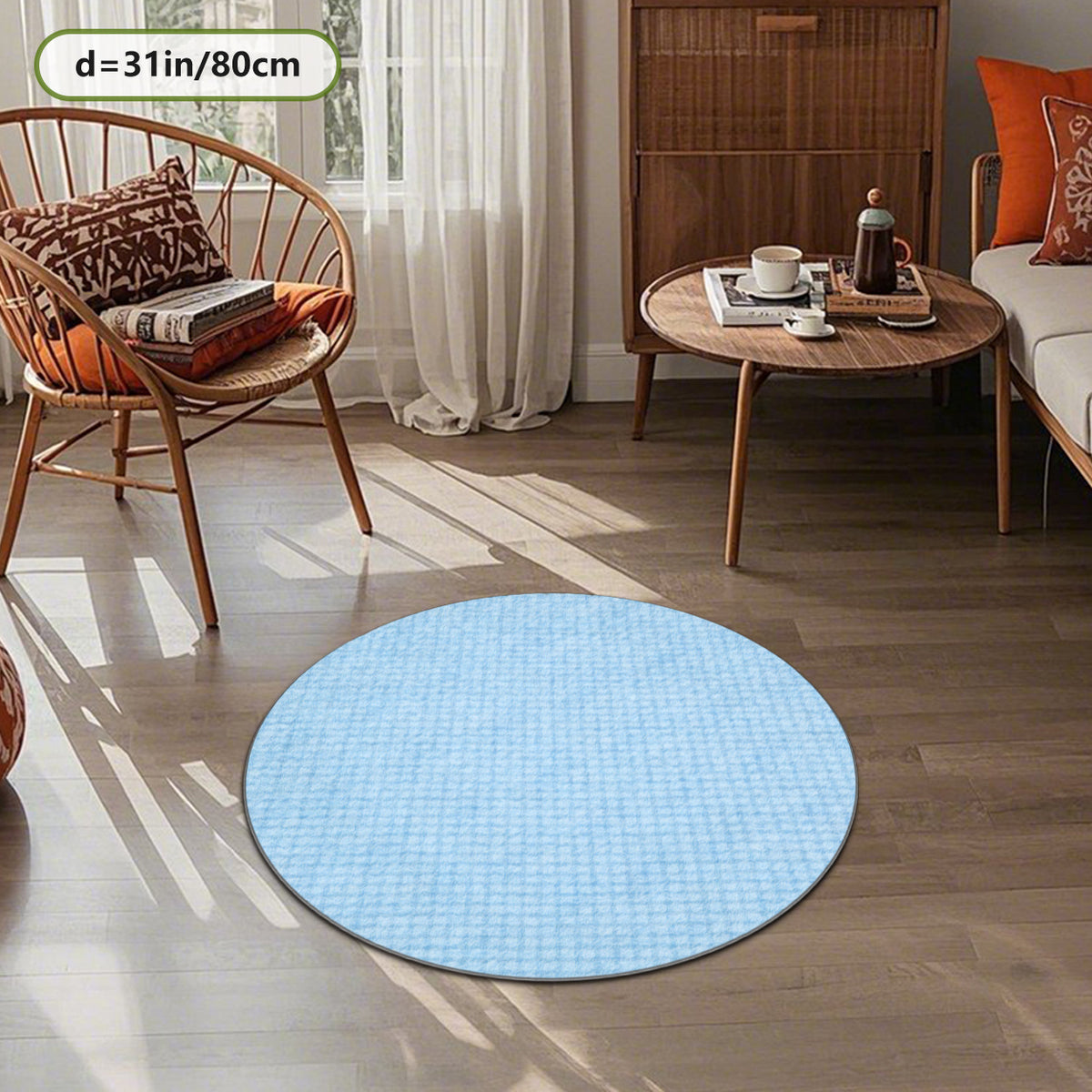 Tapis rond bleu clair à carreaux imprimés, Ø 160 ou 200 cm