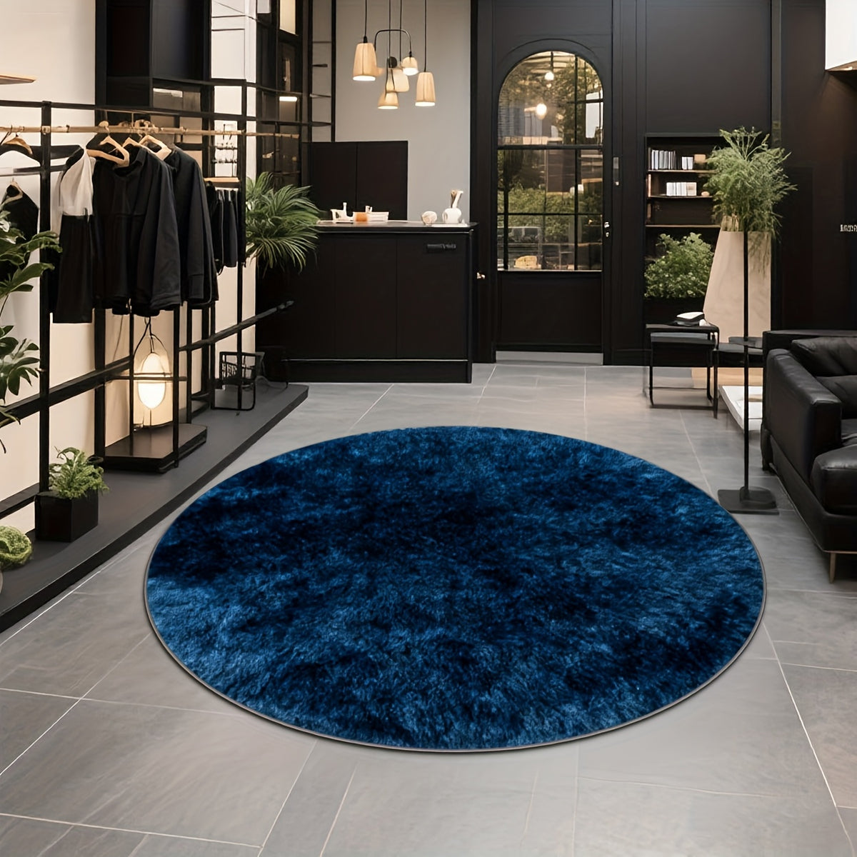 Tapis rond bleu foncé Ø 160 cm, peluche bouclée et dos à pois
