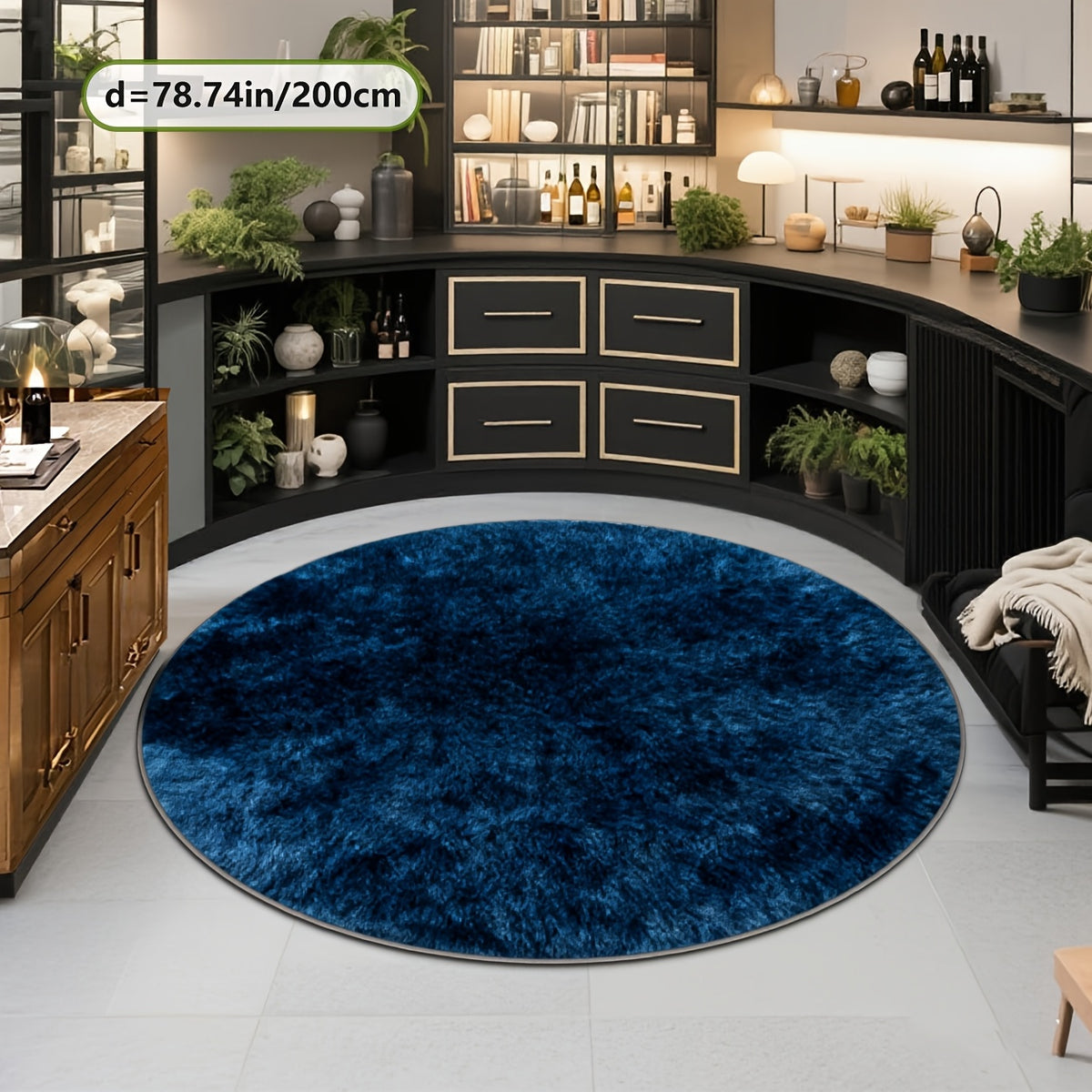 Tapis rond bleu foncé Ø 160 cm, peluche bouclée et dos à pois