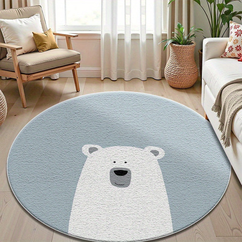 Tapis rond bleu givré à motif ours polaire, dos caoutchouc